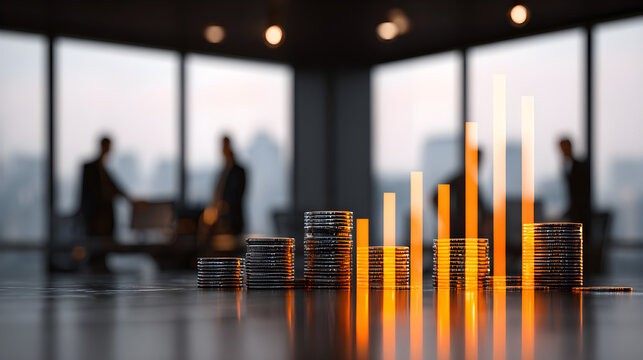 Capital money financial stock finance, investment, and business with a stack of gold coins in the foreground business or corporate environment silhouette. Banking and finance money market accounts 