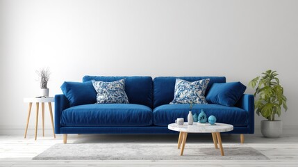 Modern living room with a blue velvet sofa
