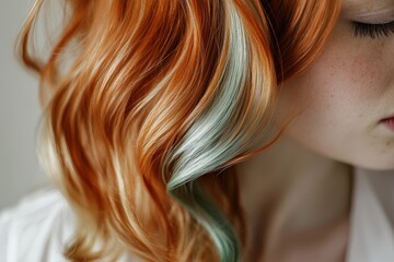 Close-up view of vibrant, wavy hair with highlights of mint green and light gray, showcasing a soft, elegant style.