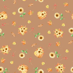 Beautiful autumn pumpkins and sunflowers seamless pattern. Watercolor orange pumpkin, autumn composition, leaves and berries, hand drawn. Botanical Thanksgiving print