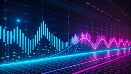Colorful Digital Sound Waves and Music Equalizer with Neon Lines on Futuristic Grid Background
