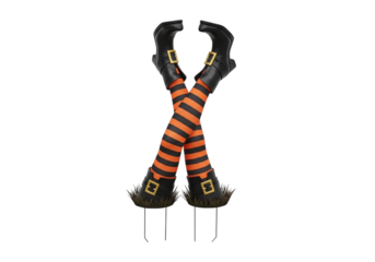 Witch legs with orange and black striped stockings isolated on transparent background