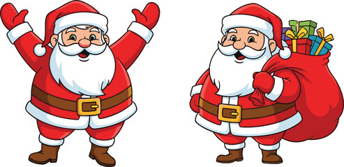 Cute cartoon Santa Claus characters, festive Christmas holiday illustration, cheerful Santa with gift sack, joyful pose, holiday season, celebration