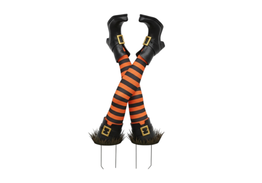 Witch legs with orange and black striped stockings isolated on transparent background