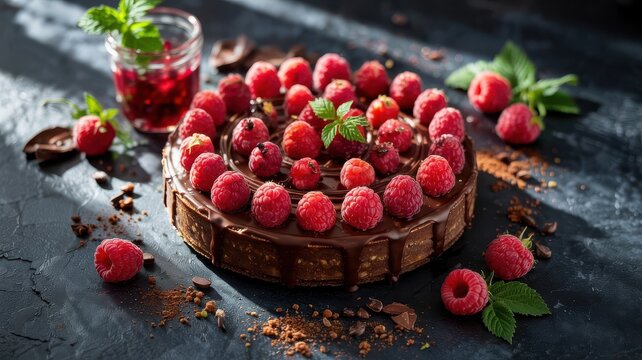 Berry tart with fresh raspberries and chocolate ganache on dark slate background with mint garnish and scattered chocolate pieces