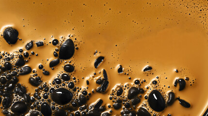 Close-up view of dark coffee beans and rich foam texture for cafe branding and food marketing visuals