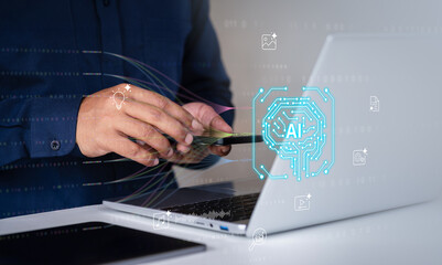 AI agent and integration system, Digital techonology assistant concept, interface showing generative AI functions for digital business productivity, AI agent work with holographic graphic interface