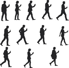 Silhouettes of business people walking while using smartphones, modern digital lifestyle concept, urban mobile communication, black vector collection