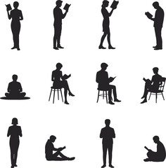 Silhouette illustrations of men and women reading books, various sitting poses, minimalist black and white vector, learning and education concept