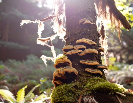 Sunlight on fungi-covered tree trunk