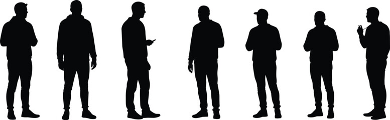 Silhouettes of casual men standing, streetwear fashion figures, relaxed male poses, modern urban lifestyle, black vector design, young men illustration, hoodie jeans silhouettes, casual scene