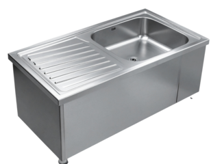 Angled Side View of Double Basin Stainless Steel Sink with Drainboard, isolated on transparent background PNG