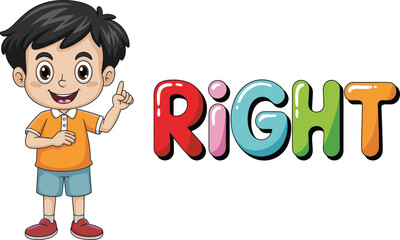 Colorful cartoon boy pointing to the right direction with cheerful expression, educational vector illustration for children learning directions and positions