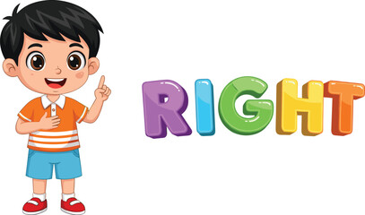 Cute cartoon boy pointing right with colorful 3D text, educational illustration for kids learning directions, fun children’s vector graphic design
