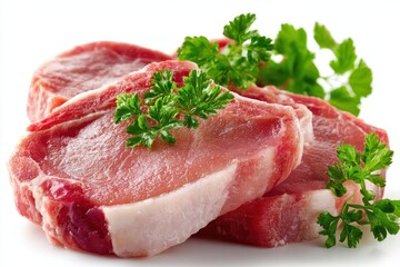 Close up of raw pork chops garnished with fresh parsley on a white background ready to be cooked