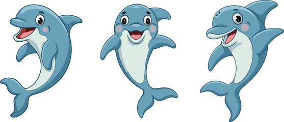 Cute cartoon dolphins, happy sea mammals, playful ocean animals illustration, marine wildlife art, kids educational design, smiling dolphin characters, vector clipart © Akhi's orld