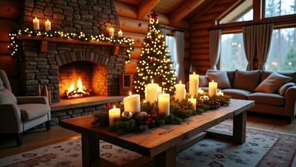 A cozy log cabin living room decorated for Christmas, with a fireplace, lit candles, a glowing tree, and festive greenery on the coffee table.