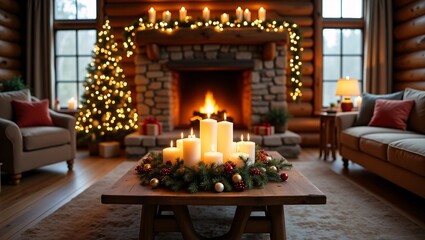 A cozy log cabin living room decorated for Christmas, featuring a fireplace, lit candles, a glowing tree, and festive decor.