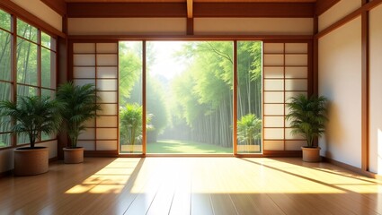 A bright, minimalist Japanese style room with wooden floors, sliding shoji doors, potted plants, and a view of a lush bamboo forest.