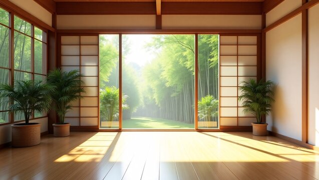 A bright, minimalist Japanese style room with wooden floors, sliding shoji doors, potted plants, and a view of a lush bamboo forest. - Powered by Adobe