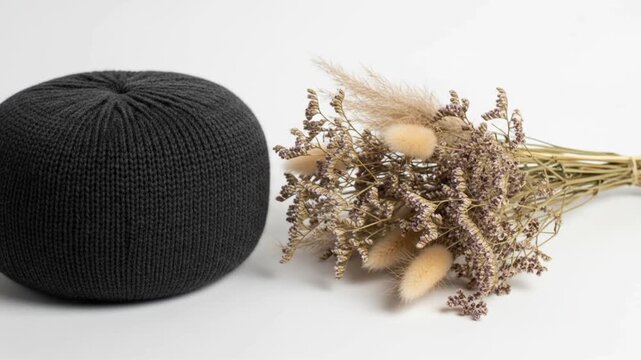 Cozy Black Knit Pouf Beside Rustic Dried Flower Bouquet