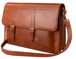 Angled Side View of Brown Leather Briefcase with Shoulder Strap, isolated on transparent background PNG