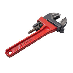 A pipe wrench with serrated jaws, designed for gripping and turning pipes securely, highlighted on a white background