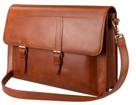 Angled Side View of Brown Leather Briefcase with Shoulder Strap, isolated on transparent background PNG