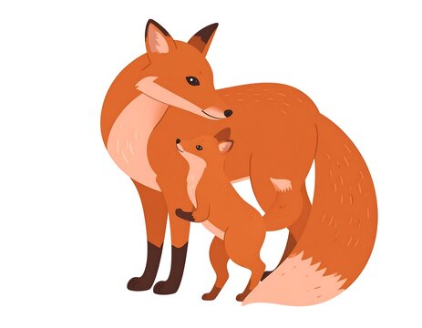 Two foxes, one large and one small, cuddling