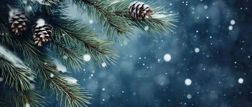 Beautiful winter landscape with snow falling on pine branches in a serene atmosphere