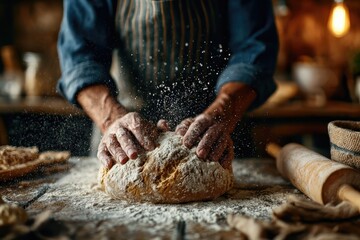 Baking fresh artisan bread cozy kitchen culinary action home environment close-up viewpoint craftsmanship concept