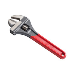 A close-up studio shot showcases a new adjustable wrench, its metallic body and red handle.