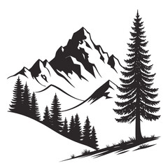 Snowy mountains with pine forest silhouette