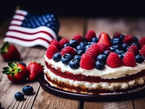 Delicious patriotic cake decorated with fresh berries and small flag for celebration event