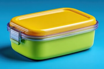 A bright lunch box with a yellow lid and green base sits on a vibrant blue background surface area