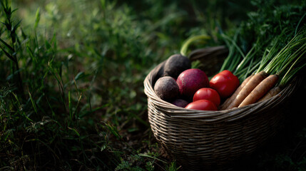 Basket of fresh vegetables sits in sunlit meadow