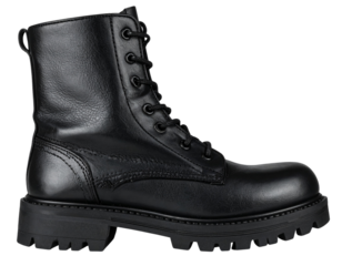 Angled Side View of Black Combat Boot with Laces, isolated on transparent background PNG