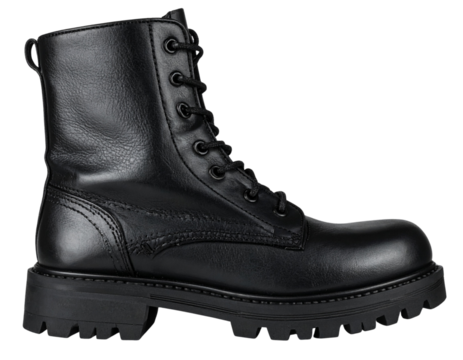 Angled Side View of Black Combat Boot with Laces, isolated on transparent background PNG