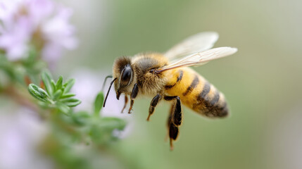 Honeybee landing on wildflower in macro shot