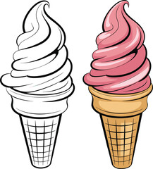 Ice cream cone illustration, coloring page and colored version, dessert clipart, sweet treat vector, summer snack drawing for kids