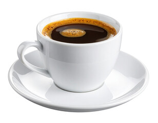 Obraz premium Angled Perspective of White Coffee Cup with Saucer, Black Coffee and Light Foam Detail, Isolated on Transparent Background