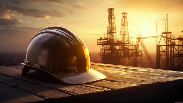 Oil rig at sunset with hard hat on wooden table showcasing industrial worksite safety