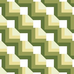 This seamless design features a repeat of stacked, block-like shapes in layered shades of green and olive, accented by sharp white squares.