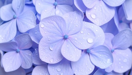 Close-up of Hydrangea Blossoms with Water Droplets.