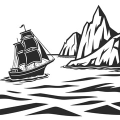 Ship sailing past icebergs silhouette