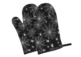 Pair of black oven mitts with spider web pattern isolated on transparent background