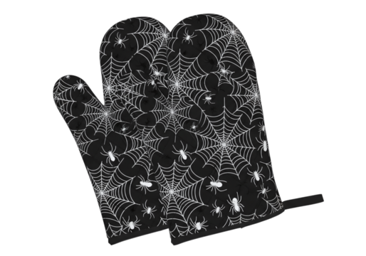 Pair of black oven mitts with spider web pattern isolated on transparent background