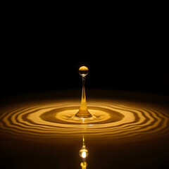 Close up shot of a golden liquid drop with ripple effect below