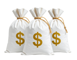 Angled Perspective of Three White Money Bags with Golden Dollar Icons, Isolated on Transparent Background
