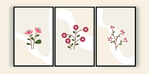 Set of three line art florals wall art vector. Pink flowers wall print aesthetic.